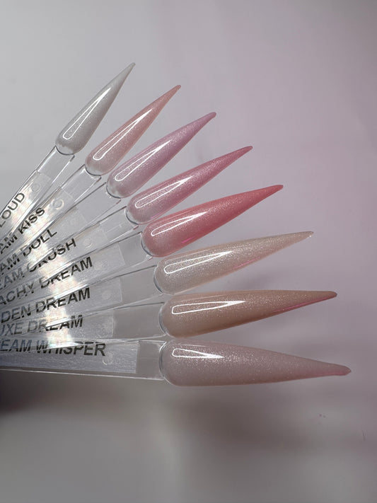 Dream Flexxi Base shimmer rubber base gel shades on nail swatches