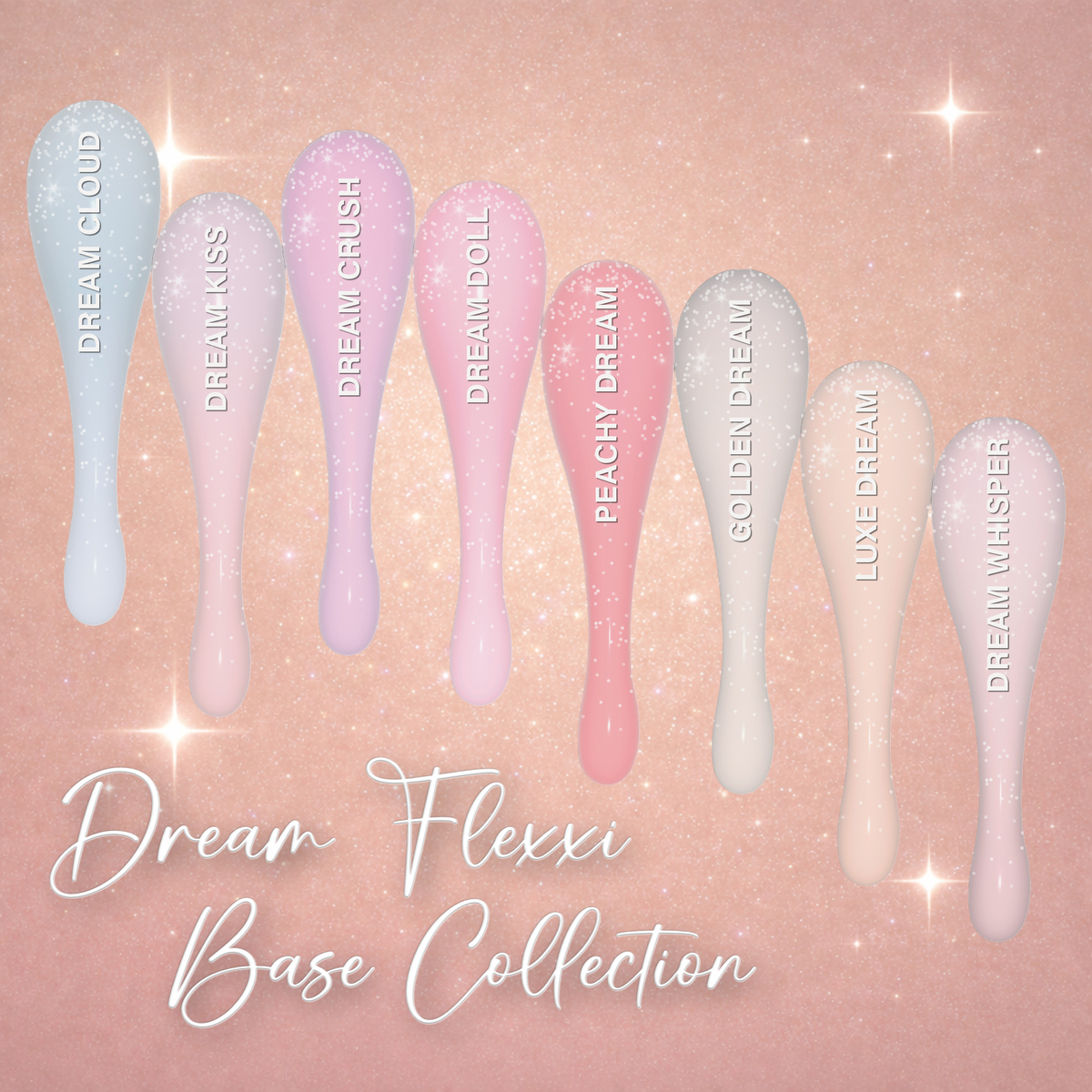 Dream eight-piece Flexxi Base rubber base gel collection by Bratty Nail Co.