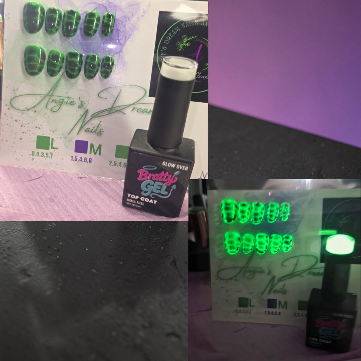 Glow Over glow-in-the-dark top coat on green croc nail art