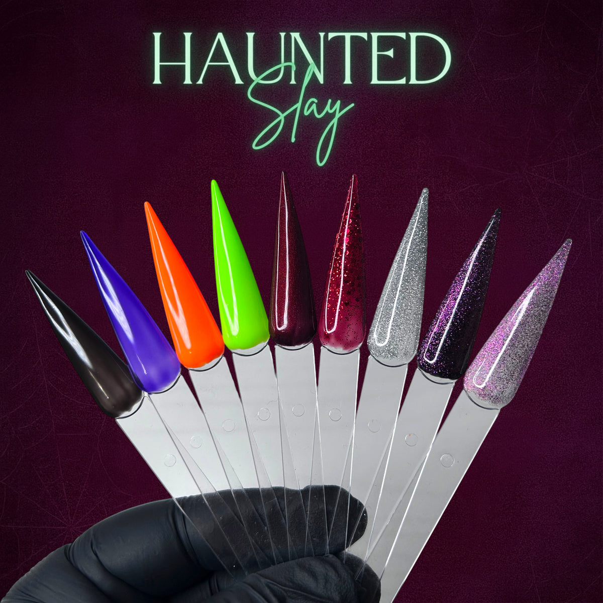 Haunted Slay Halloween gel polish shades shown on nail swatches