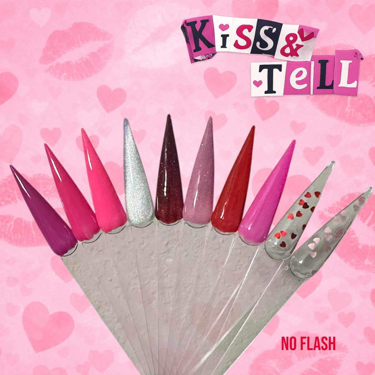 Kiss & Tell gel polish shades including pink, red, glitter and cat eye finishes