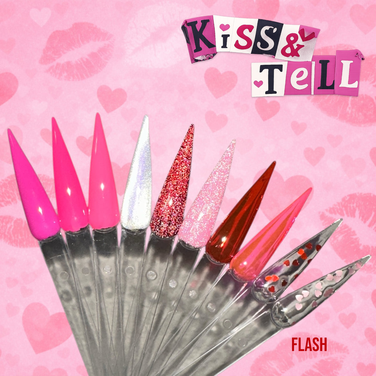 Kiss & Tell pink and red gel polish collection shown on nail swatches
